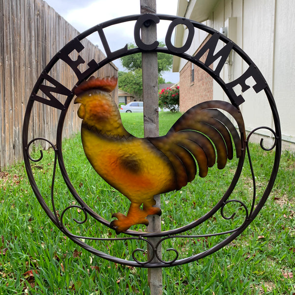 #EH10143 WELCOME 24" ROOSTER & METAL SCROLL STYLE WESTERN HOME DECOR HANDMADE CRAFT SIGN