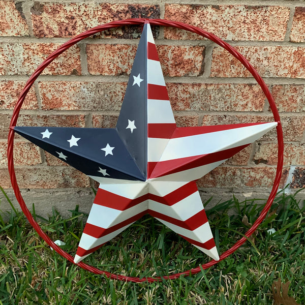 AMERICAN Flag USA Metal Barn Star RED, WHITE & BLUE WITH RED Rope Ring Western Home Decor Handmade 12",16",24",30",34",36",40",48"