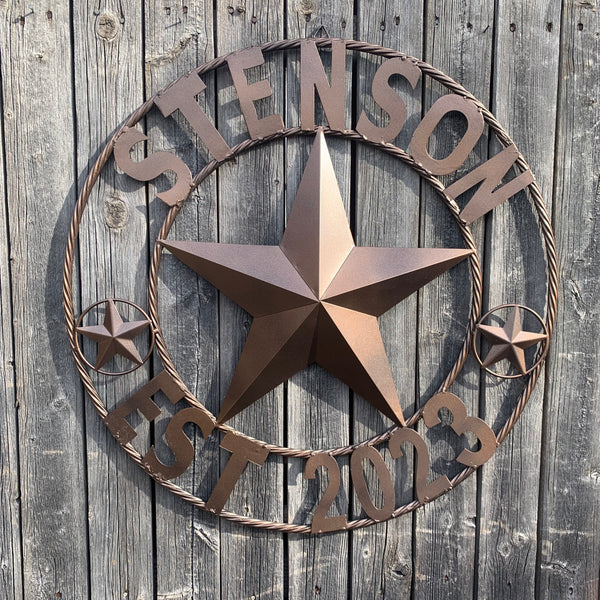 STENSON STYLE YOUR CUSTOM STAR NAME BARN METAL STAR 3d TWISTED ROPE RING WESTERN HOME DECOR RUSTIC BRONZE COPPER NEW HANDMADE 24",32",34",36",40",42",44",46",50"