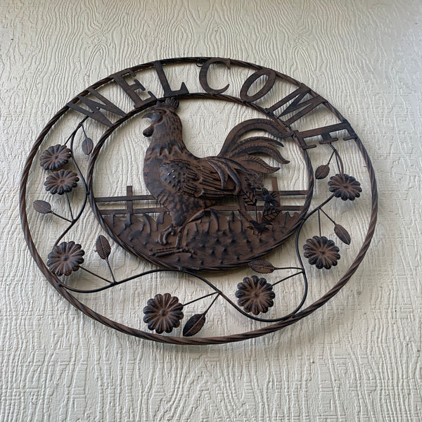#EH11437 ROOSTER WELCOME 24" SCROLL ART METAL SIGN WESTERN HOME DECOR NEW