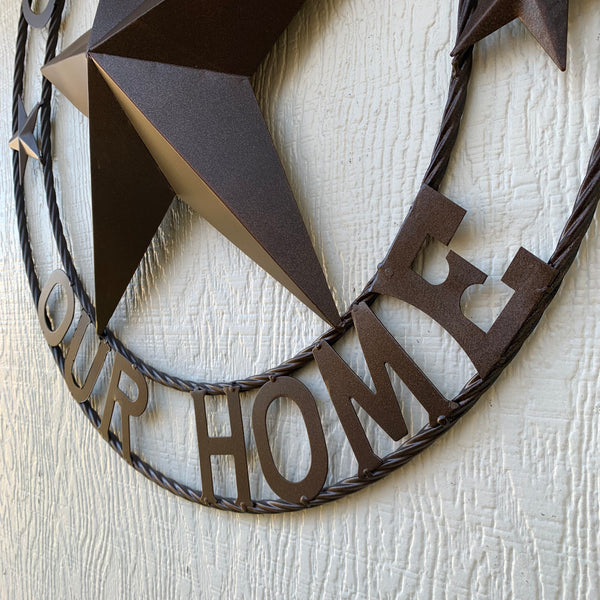 #EH11021 GOD BLESS OUR HOME BARN METAL STAR TWISTED ROPE RING WESTERN HOME DECOR HANDMADE NEW