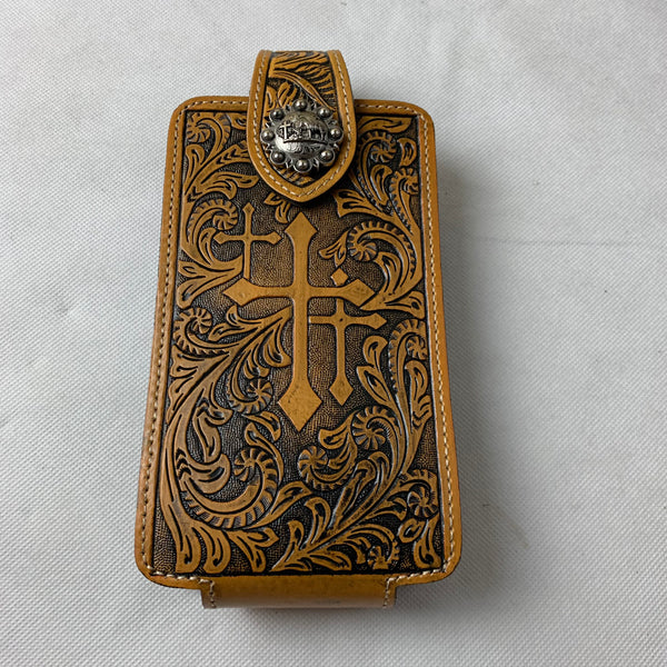#WS344D 7" COWBOY PRAYER CROSS TAN BROWN  LEATHER POUCH EXTRA LARGE  BELT LOOP HOLSTER CELL PHONE CASE UNIVERSAL OVERSIZE--FREE SHIPPING