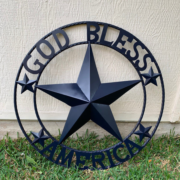 #EH10131 GOD BLESS AMERICA NAVY BLUE METAL BARN STAR RING ART WESTERN HOME DECOR NEW