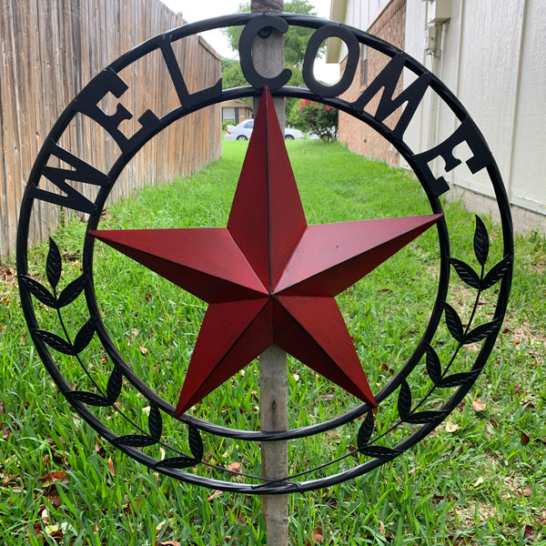 24" WELCOME LEAF LEAVES STAR METAL WALL ART WESTERN HOME DECOR RUSTIC RED HANDMADE