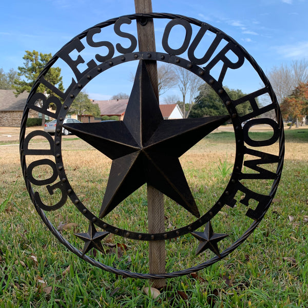 24" GOD BLESS OUR HOME BEADED BARN STAR WITH TWISTED ROPE RING DESIGN METAL WALL ART WESTERN HOME DECOR VINTAGE RUSTIC DARK BRONZE COPPER NEW