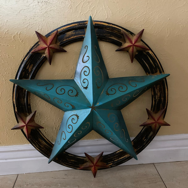 #RT5045 TURQUOISE CARVED CUT STAR 26",36", BARN METAL WESTERN HOME DECOR HANDMADE NEW