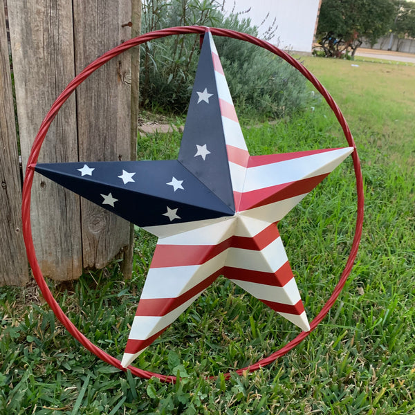 AMERICAN Flag USA Metal Barn Star RED, WHITE & BLUE WITH RED Rope Ring Western Home Decor Handmade 12",16",24",30",34",36",40",48"