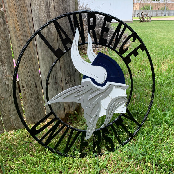 LAWRENCE UNIVERSITY METAL CUSTOM VINTAGE CRAFT WALL ART RUSTIC BLUE SILVER WHITE TEAM SIGN HANDMADE