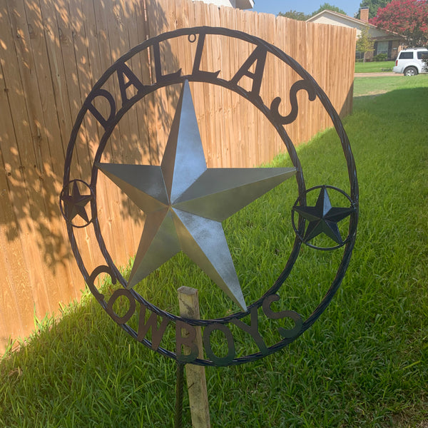 24" STAR & 34" STAKE DALLAS COWBOYS DECOR METAL ART WESTERN HOME WALL DECOR ALL SILVER & NAVY BLUE WITH 34" STAKE