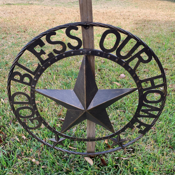 24" GOD BLESS OUR HOME BEADED BARN STAR WITH TWISTED ROPE RING DESIGN METAL WALL ART WESTERN HOME DECOR VINTAGE RUSTIC DARK BRONZE COPPER NEW