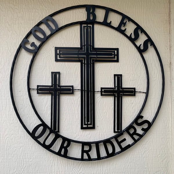 40"GOD BLESS OUR RIDERS CRUCIFIX BLACK CROSS METAL WALL ART HANDMADE
