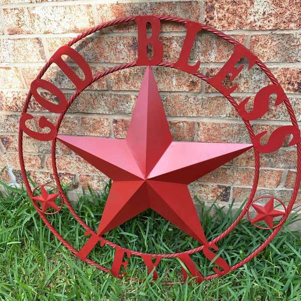 24",32",40",50" BURGUNDY RED GOD BLESS TEXAS BARN STAR ROPE RING METAL WALL ART WESTERN HOME DECOR NEW