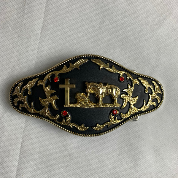 6.5" X 3.5" COWBOY PRAYER CHURCH RHINESTONE BELT BUCKLE BLACK & GOLD WESTERN BUCKLE FASHION ART NEW #EH12272