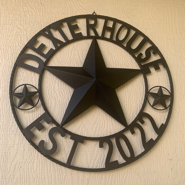 DEXTRHOUSE STYLE YOUR CUSTOM NAME STAR BLACK METAL BARN STAR 3d TWISTED ROPE RING WESTERN HOME DECOR VINTAGE BRONZE RUSTIC NEW HANDMADE 24",32",34",36",40",42",44",46",50"