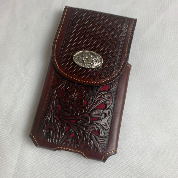#LG2004  7.5" HORSE COFFEE BROWN & RED LEATHER POUCH EXTRA LARGE  BELT LOOP HOLSTER CELL PHONE CASE UNIVERSAL OVERSIZE