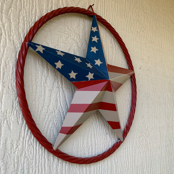 AMERICAN Flag USA Metal Barn Star RED , BEIGE, NAVY BLUE WITH RED Rope Ring Western Home Decor Handmade 12",16",24",30",34",36",40",48"