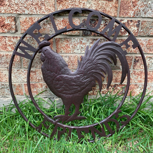 24" WELCOME FRIENDS ROOSTER WESTERN METAL ANIMAL ART HOME WALL ART RUSTIC BROWN COLOR