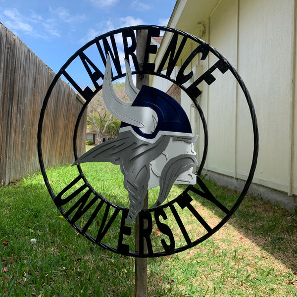 LAWRENCE UNIVERSITY METAL CUSTOM VINTAGE CRAFT WALL ART RUSTIC BLUE SILVER WHITE TEAM SIGN HANDMADE