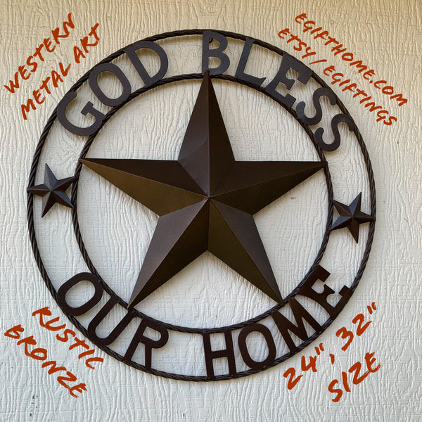 #EH11021 GOD BLESS OUR HOME BARN METAL STAR TWISTED ROPE RING WESTERN HOME DECOR HANDMADE NEW