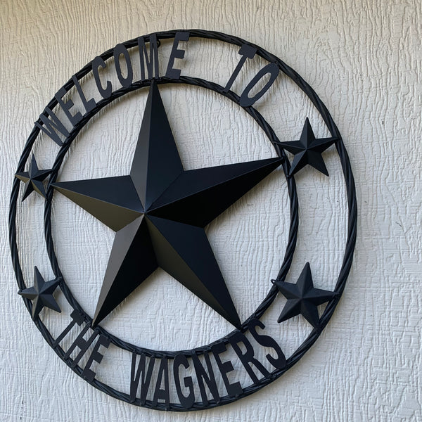 CREEKSIDE FARM STYLE YOUR CUSTOM NAME BARN BLACK STAR 3d WITH TWISTED ROPE RING DESIGN METAL WALL ART WESTERN HOME DECOR NEW HANDMADE, 24", 32", 36", 40", 44", 46", 50"