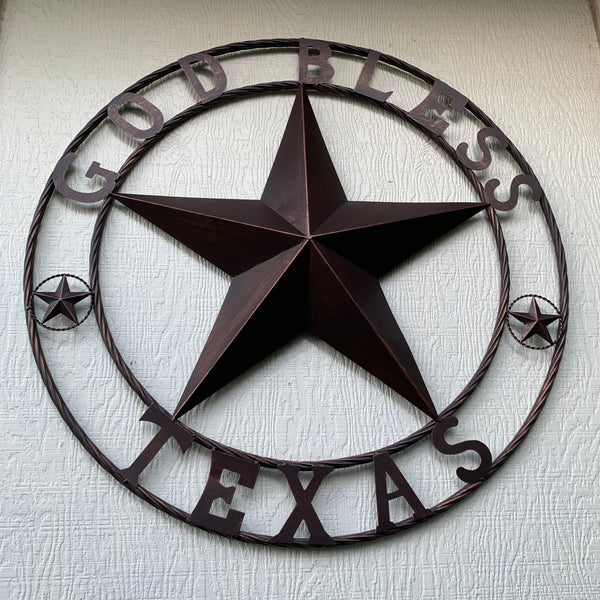 #EH10197 GOD BLESS TEXAS BARN STAR METAL LONESTAR TWISTED ROPE RING WESTERN HOME DECOR HANDMADE NEW