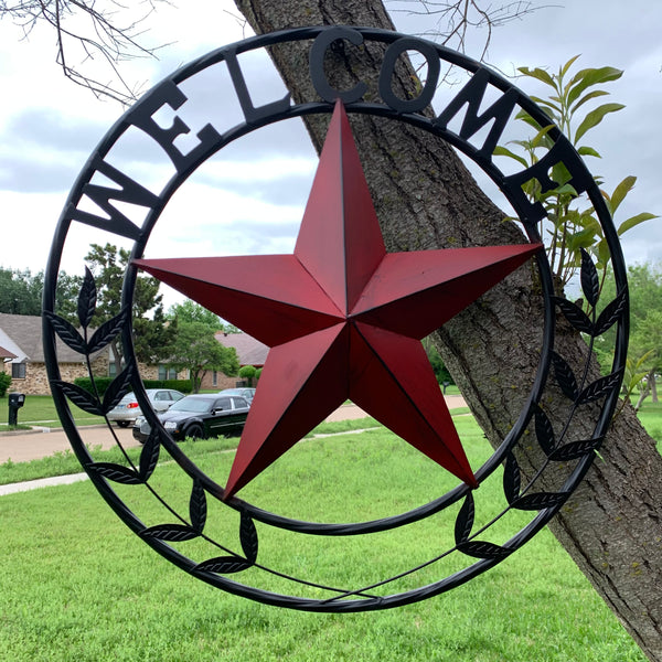24" WELCOME LEAF LEAVES STAR METAL WALL ART WESTERN HOME DECOR RUSTIC RED HANDMADE