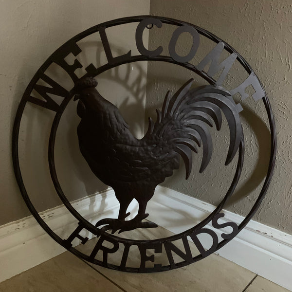 24" WELCOME FRIENDS ROOSTER WESTERN METAL ANIMAL ART HOME WALL ART RUSTIC BROWN COLOR