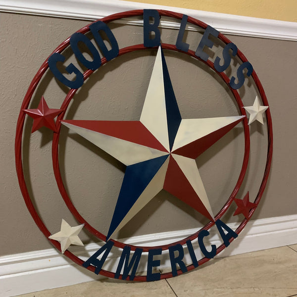 #EH10489 GOD BLESS AMERICA USA FLAG BARN STAR METAL RED WHITE BLUE WESTER HOME DECOR HANDMADE NEW