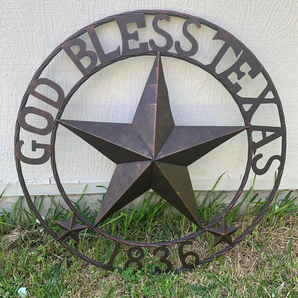 24",32" 1836 GOD BLESS TEXAS 1836 BARN METAL STAR TWISTED ROPE RING WESTERN HOME DECOR RUSTIC BRONZE NEW