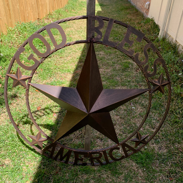 #EH10488 GOD BLESS AMERICA BARN METAL STAR WESTERN HOME DECOR HANDAMDE NEW