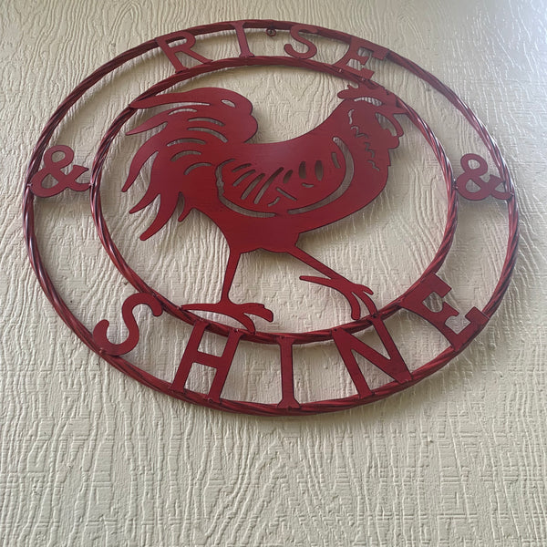 #SI_B9504 RISE & SHINE 24" RED ROOSTER CHICKEN METAL SIGN WESTERN HOME DECOR HANDMADE NEW