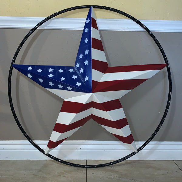 AMERICAN Flag USA Metal Barn Star RED WHITE & BLUE with Black Rope Ring Western Home Decor Handmade 12",16",24",30",34",36",40",48"