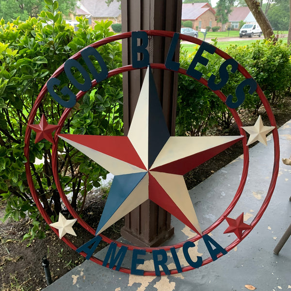 #EH10489 GOD BLESS AMERICA USA FLAG BARN STAR METAL RED WHITE BLUE WESTER HOME DECOR HANDMADE NEW