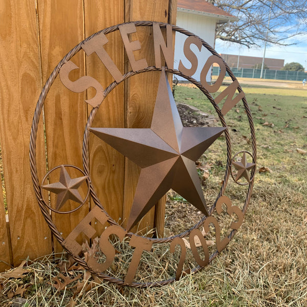 STENSON STYLE YOUR CUSTOM STAR NAME BARN METAL STAR 3d TWISTED ROPE RING WESTERN HOME DECOR RUSTIC BRONZE COPPER NEW HANDMADE 24",32",34",36",40",42",44",46",50"