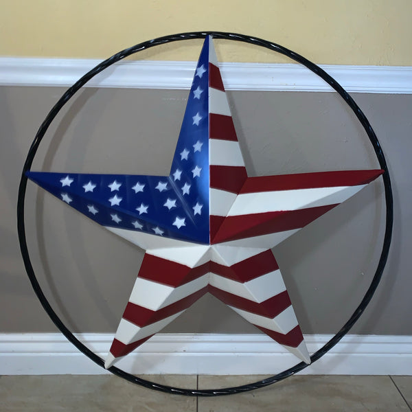 AMERICAN Flag USA Metal Barn Star RED WHITE & BLUE with Black Rope Ring Western Home Decor Handmade 12",16",24",30",34",36",40",48"