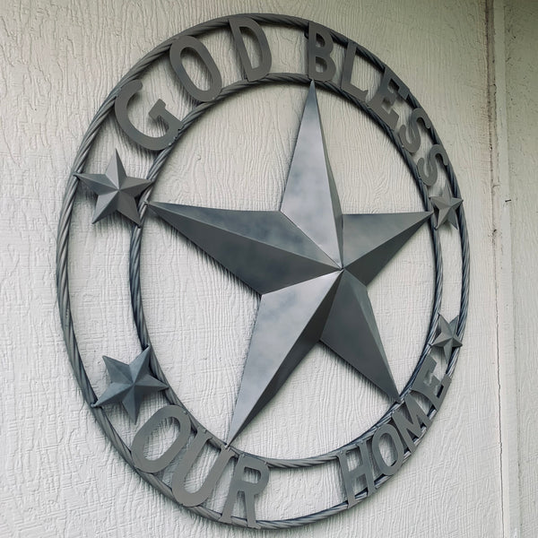 36" GOD BLESS OUR HOME RUSTIC BEIGE BARN METAL STAR ROPE RING WALL ART WESTERN HOME DECOR--FREE SHIPPING
