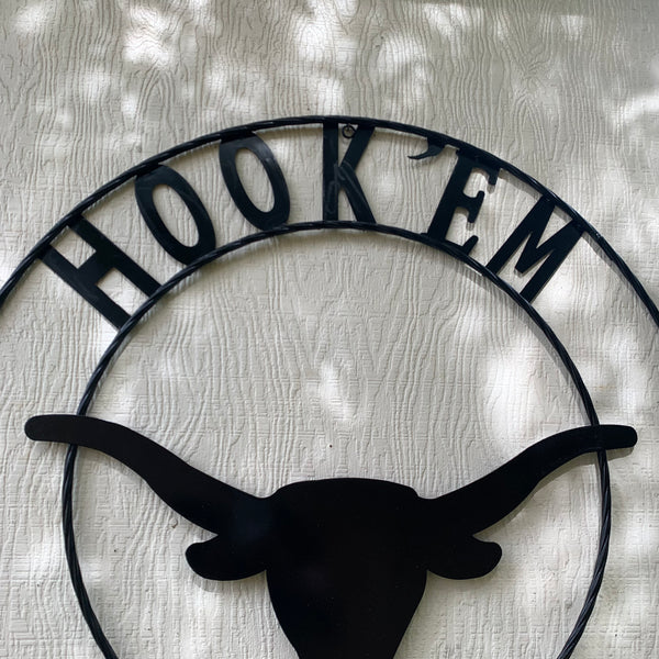 HOOKEM HORNS GLOSSY BLACK TEXAS LONGHORNS HOOK EM METAL CUSTOM VINTAGE CRAFT WALL ART TEAM SIGN HANDMADE