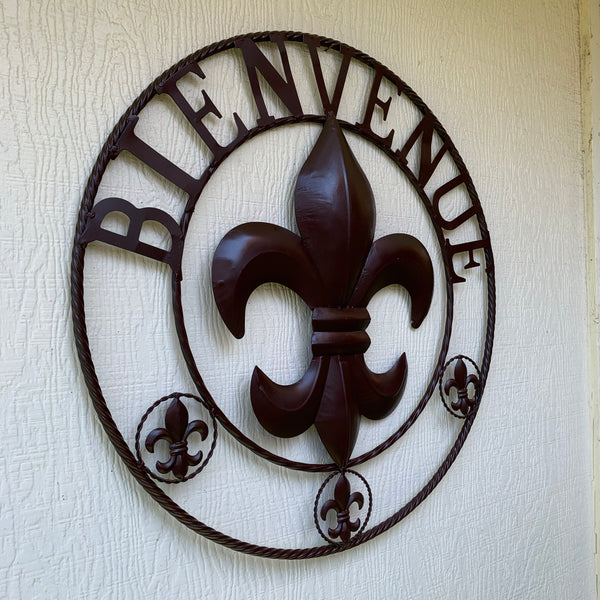 24", 32" FLEUR DE LIS BIENVENUE METAL WALL ART WESTERN HOME DECOR RUSTIC BROWN NEW