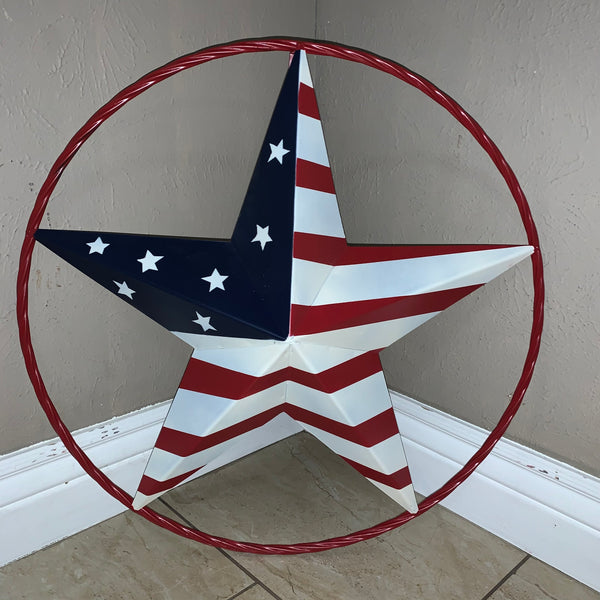 AMERICAN Flag USA Metal Barn Star RED, WHITE & BLUE WITH RED Rope Ring Western Home Decor Handmade 12",16",24",30",34",36",40",48"