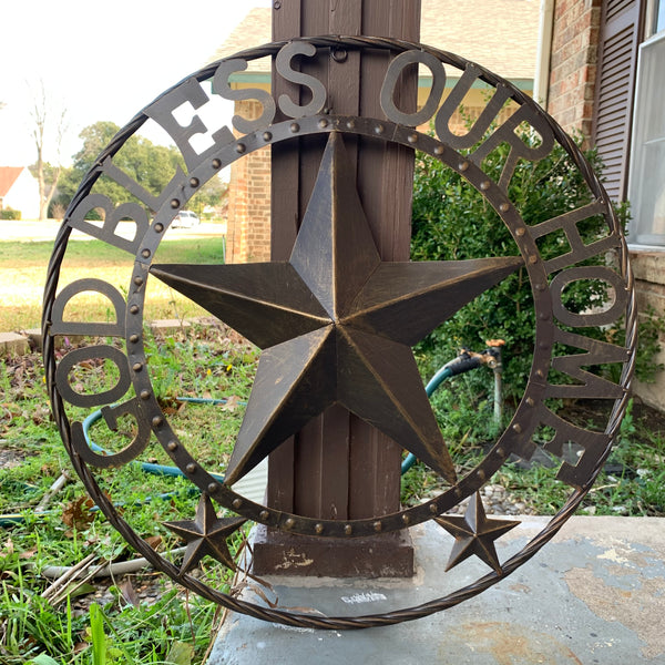 24" GOD BLESS OUR HOME BEADED BARN STAR WITH TWISTED ROPE RING DESIGN METAL WALL ART WESTERN HOME DECOR VINTAGE RUSTIC DARK BRONZE COPPER NEW