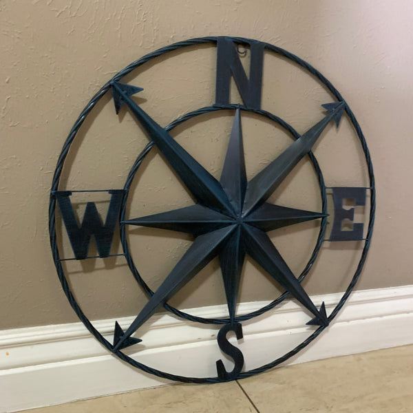 #SI_B8235 COMPASS NAVY BLUE 24" METAL SIGN WESTERN HOME DECOR HANDMADE NEW