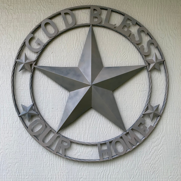 36" GOD BLESS OUR HOME RUSTIC BEIGE BARN METAL STAR ROPE RING WALL ART WESTERN HOME DECOR--FREE SHIPPING