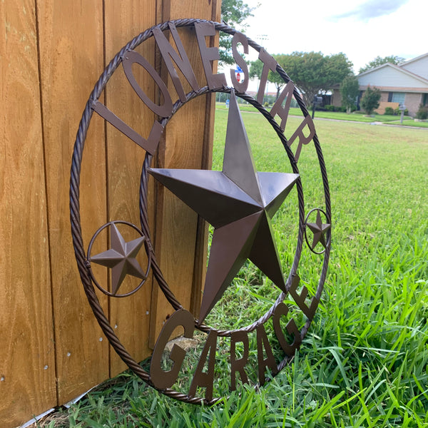 LONESTAR GARAGE STYLE CUSTOM BARN NAME STAR LONESTAR GARAGE METAL NAME BARN STAR WITH TWISTED ROPE RING 3d STAR ART WESTERN HOME DECOR RUSTIC BROWN