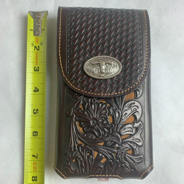 #LG2002 7.5" LONGHORN COFFEE BROWN & BEIGE  LEATHER POUCH EXTRA LARGE  BELT LOOP HOLSTER CELL PHONE CASE UNIVERSAL OVERSIZE