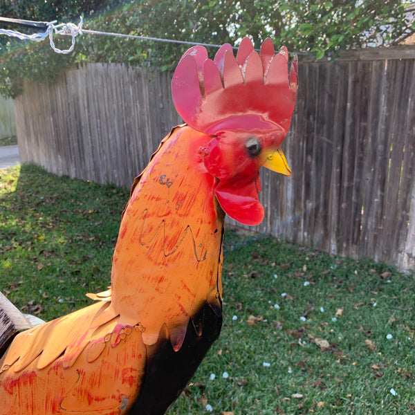 #34-025 RUSTIC ORANGE RED ROOSTER 18",30",40" GARDEN METAL ANIMAL SCULPTURE METAL DECOR ORNAMENT 16"L x 20" high