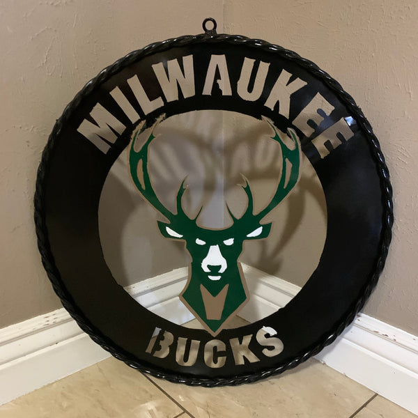 24" MILWAUKEE BUCKS WIDE BAND DISC STYLE METAL CUSTOM VINTAGE CRAFT TEAM SPORTS SIGN HANDMADE