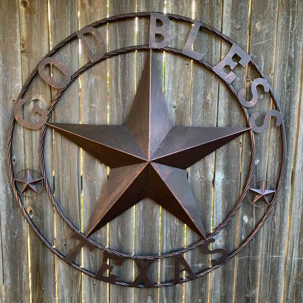 #EH10197 GOD BLESS TEXAS BARN STAR METAL LONESTAR TWISTED ROPE RING WESTERN HOME DECOR HANDMADE NEW