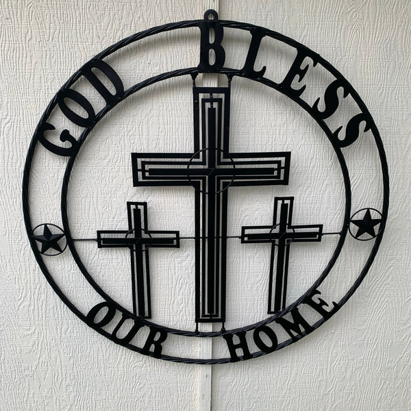 40"GOD BLESS OUR HOME CRUCIFIX CROSS METAL WALL ART BLACK HANDMADE NEW