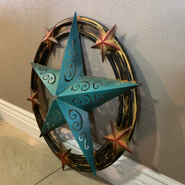 #RT5045 TURQUOISE CARVED CUT STAR 26",36", BARN METAL WESTERN HOME DECOR HANDMADE NEW