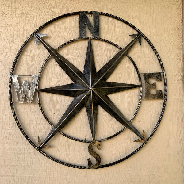 36" COMPASS GREY METAL ART WESTERN METAL ART HOME WALL DECOR RUSTIC GREY